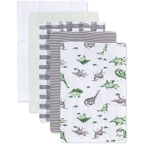 Burt's Bees Baby Organic Cotton Burp Cloths, 5-Pack, 17 x 12 Inches, Soft, Absorbent, Machine Washable, Happy Herbivores Solid Color