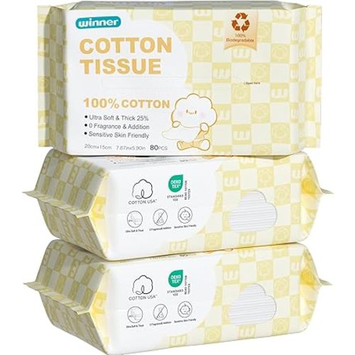 Winner 100% USDA Biobased Dry Wipes, Glycerin Infused Cotton Face Towels, Ultra Soft, Hypoallergenic, Baby Necessities for Diaper Changes, Meals, and On-the-go Cleanup, 240 Count, Pack of 3