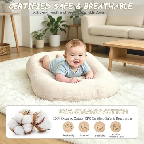 Baby Lounger & Baby Nest, Extra Large Muslin Infant Lounger for Newborns | Breathable & Soft, Portable Infant Support Cushion for Home and Travel, Essential Baby Gift, 1 Lounger + 1 Cover, Beige