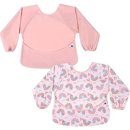SPINFOX 2 Pack Baby Smock for Eating, Mess Proof Baby Bib, Waterproof Toddler Baby Feeding Bibs Shirt for Girl 6-24 Months