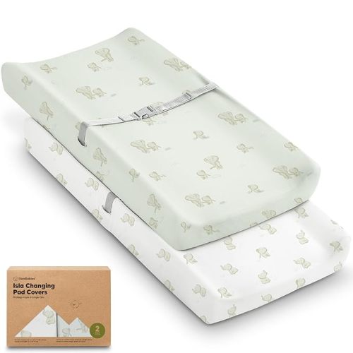 2-Pack Baby Changing Pad Cover for Girl, Boy - 32x16 Soft Viscose Derived from Bamboo Baby Diaper Changing Table Pad Cover Sheets, Neutral, Snug Fit Nursery Diaper Change Sheets (Elly)