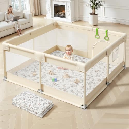Uanlauo Baby Playpen with Mat, 47×47in Playpen for Babies and Toddlers | Machine Washable Play Mat, Beige Playpen with Anti-Slip Mat, Side Storage Pocket, 360° Mesh, Suction Cup Base, Pull-Up Rings