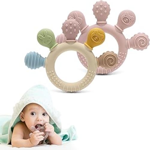 Silicone Teether for Babies 2-Pack – Soft & Easy Grip Teething Toys for Infants & Toddlers – 100% Food Grade Silicone, CPC Certified, BPA-Free Gum Soothers (Palm Teether/Colorful & Pink)