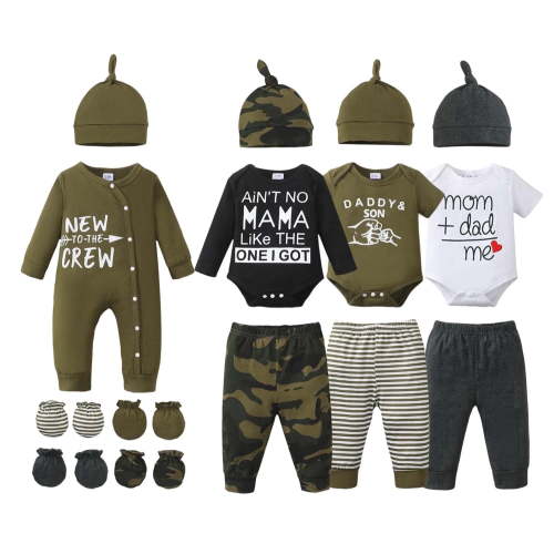 KIMI BEAR 3 Months Newborn Baby Boys Layette Set 6 Months Shower Gift 4-Packs Romper Pant Outfits Sets Layette Essentials Letter Camouflage Print with Hats and Gloves Multicolor