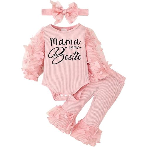 Baby Girl Clothes Newborn Outfits 3D Butterfly Long Sleeve Romper Flare Pants with Bow Headband Set 0-18 Months