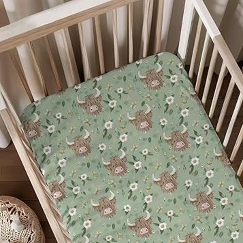 Cute Highland Cows Flowers Leaves Pattern Baby Sheets for Crib, Unisex Farm Cow Nursery Fitted Bed Sheet for Boys Girls Standard Crib and Toddler Mattress-28x52