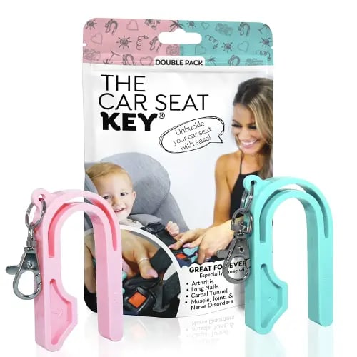 NAMRA The Car Seat Key - Original Car Seat Key Chain Buckle Release Tool - Easy Unbuckle Opener Aid for Nails, Parents, Grandparents & Older Children Made in USA (2 Pack, Teal & Pink)