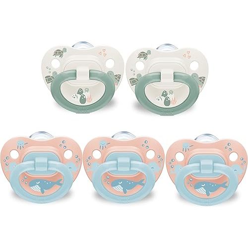 NUK First Choice Classic Baby Pacifier, 18-36 Months Toddler Pacifier, Blue & Orange, Baby Must Haves, 5-Pack