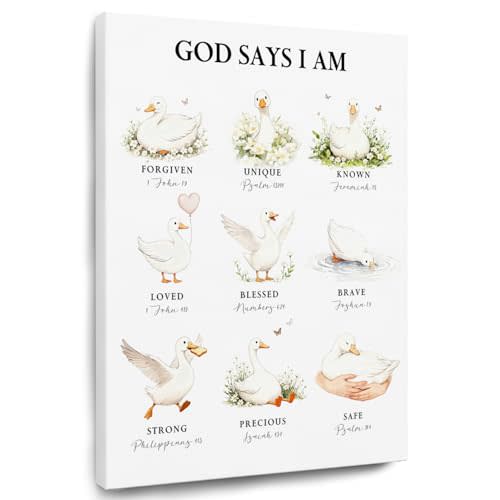 TAZSWDMM Christian Goose Nursery Framed Canvas Wall Art Posters, Bible Verse Decor, God Says I Am Scripture Wall Art Prints for Kids Room Playroom Home Church Nursery Decor, 11x14 Inch