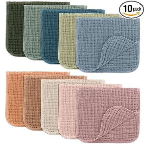 Comfy Cubs Muslin Burp Cloths 20" x 10", Pack of 10 - Large, 6-Layer, Ultra Absorbent 100% Cotton for Baby Drool and Messes - Soft, Safe & Gentle Baby Burp Cloths for Boys & Girls - Multi