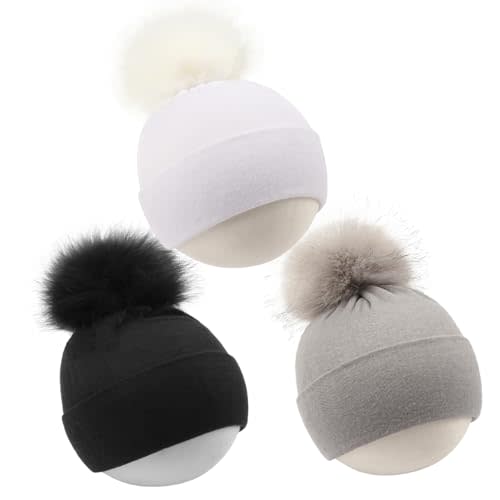 Baby Beanie Hat, Infant Toddler Warm Cotton Hat with Pom,Unisex Baby Soft Cotton Hats Caps