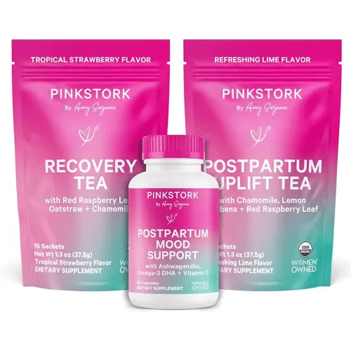 Pink Stork Postpartum Essentials Kit – Hormone Balance, Recovery & Mood Support for New Moms – Postnatal Vitamins Ashwagandha + Herbal Teas for Stress Relief, Energy, Sleep – Gift Set – Vegan, Organic