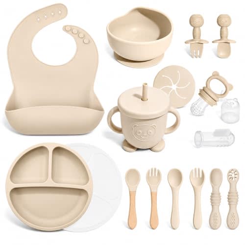Silicone Baby Feeding Utensils Set for 6+ Months, 17 Pcs, Beige | Baby Led Weaning Supplies with Suction Plates & Bowls, Adjustable Bib, Spoon & Fork, Sippy Cup, Fruit Feeder, Finger Brush