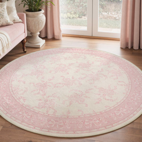 Astoria Grand Atascadero Floral Pink Ribbon Bow Machine Washable Pink / Beige Indoor Area Rug with Non-Slip Backing & Reviews | Wayfair