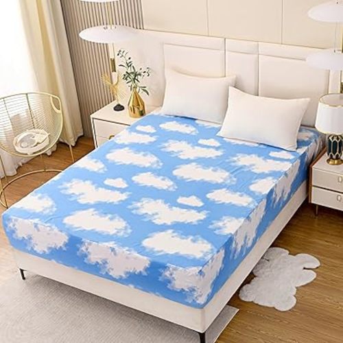 Bedding Fitted Sheet with Deep Pocket for Single Bed Mattress Cover Sheets,White Cloud Printed Fabric Bed Sheets (Blue Sky, Full)