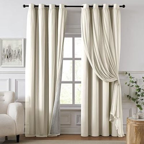 100% Blackout Curtains for Bedroom, Double Layer Ivory Curtains, Black Out Curtain 84 inch Long with Sheer Overlay for Living Room, Room Darkening Window Drapes with Grommet, 52" W x 84" L