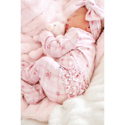 Ruffle Zipper Bamboo Footie in Primrose Plaid | Caden Lane