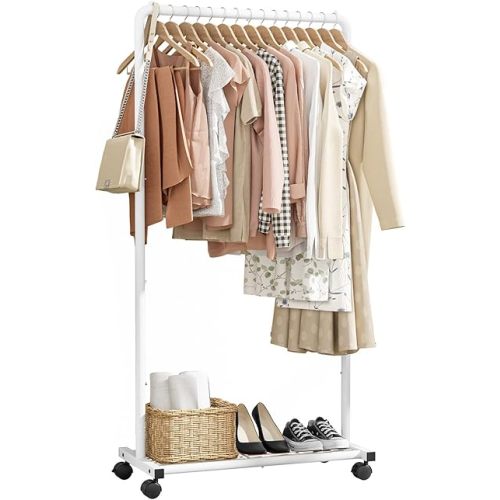 Clothes Rack - Clothing Rack with Storage Mesh Shelf & Casters, Heavy-Duty Metal Clothing Rack for Hanging Clothes, Dresses, Coats, Large Load Capacity, Easy Assembly, White, 28.0"x14.0"x59.0"