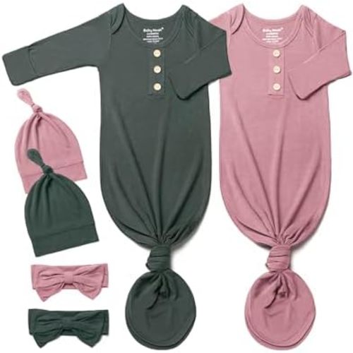 Baby Noah Newborn Knotted Gown Set with Hat and Headband - Buttery Soft Tie Bottom Gown for Baby's Sweet Dreams (2 Packs)