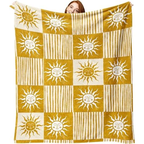 Boho Sun Face Flannel Throw Blanket, Bohemia Sunshine Yellow Birthday