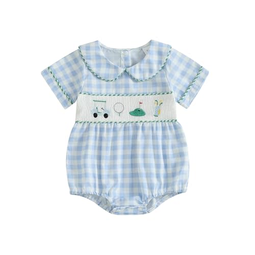 Bonangber Newborn Baby Girl Summer Clothes Letter Lapel Collar Plaid Romper Smocked Bodysuit Cute Mothers/Fathers Day Outfit