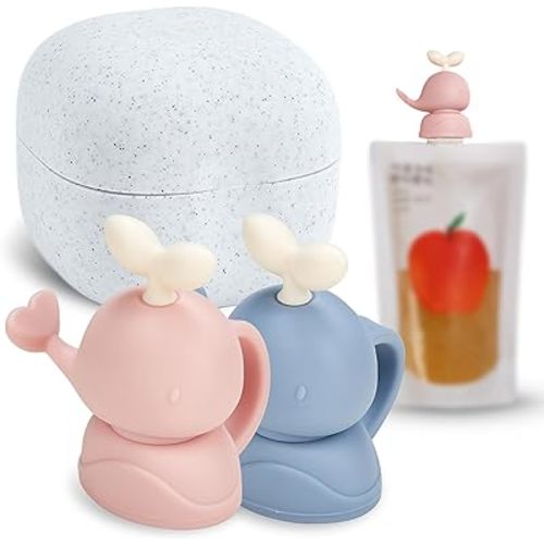 Whale SoftSip Food Pouch Topper | 2EA + Travel Case | Prevent Spills & Leakage | Protect Child Baby Toddler Mouth | Food Grade Silicone Reusable | Baby Led Weaning | BPA Free| Pink+Blue