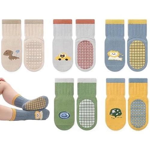 Exegawe Toddler Non Slip Socks, Cute Baby Socks with Grips Crew Socks 5 Pairs