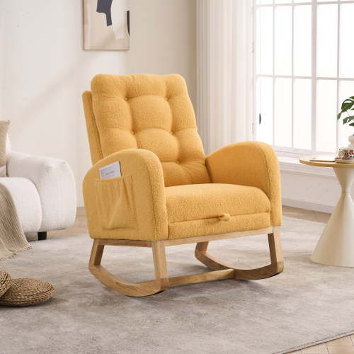 Rocking Chairs LY-5104 Yellow Accent Rocking Chair with Footrest High Back Rubber Wood Rocking Legs Bedroom Living Space 26.77D X 38.36W X 39.76H Inch,Wooden Rocking Chairs