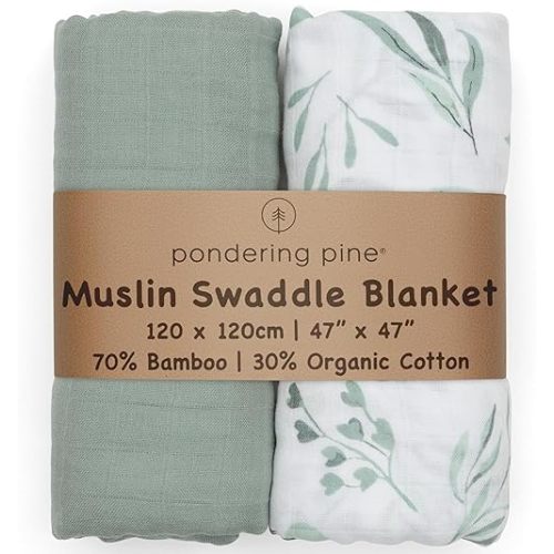 Organic Baby Muslin Swaddle Blankets for Boy or Girl - Eucalyptus Leaves and Sage Swaddling Blanket 2 Pack - Soft Muslin, XLarge and Breathable, Boho Baby, 47" X 47" | Baby, Organic, for Boy or Girl, Swaddling Blanket, Breathable, Boho Baby