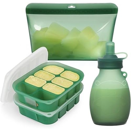 Haakaa Flexi-Prep, Store & Feed Combo, Breastmilk Storage & Baby Food Freezer Tray Set with Silicone Freezer Trays, 1000ml Silicone Storage Bag & Refillable Baby Food Pouch