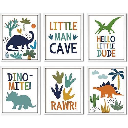 ArtbyHannah Framed Dinosaur Nursery Wall Decor, 8x10 inch Cute Baby Wall Art Room Decor for Kids, Prehistoric Adorable Animals Artwork Prints for Playroom Bedroom Baby Shower Decoration(4 Pack)