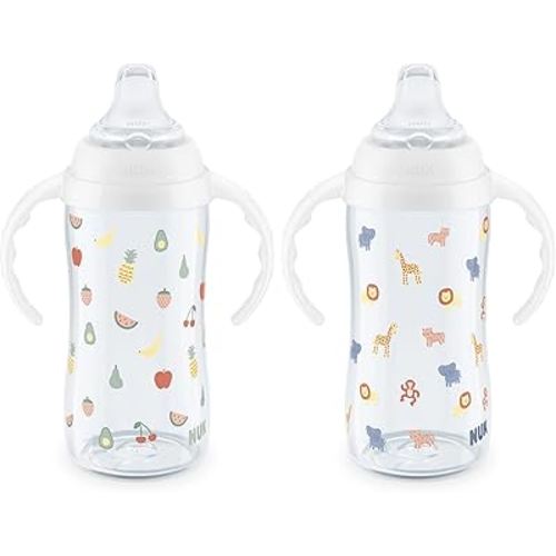 NUK Learner Cup, 8+ Months, Fun Fruits and Animals, Amazon Exclusive Collection, 10 Oz, Pack of 2, BPA-Free, Soft Spout, Spill Proof Sippy Cup