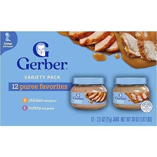 Gerber Stage 2 Baby Food, Chicken & Turkey Variety Pack Jars, Mealtime Poultry Puree, Baby Food Puree,12-Pack