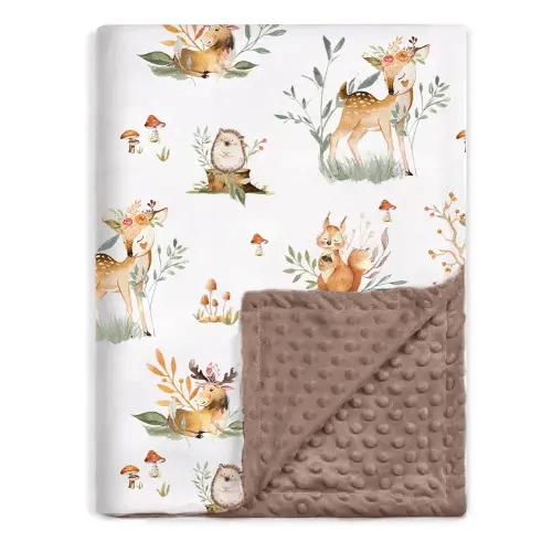 BOPRIO Baby Blankets for Boys Girls, Super Soft Nursery Minky Toddler Blankets with Woodland Animals and Leaves Design Dotted Fleece Backing, Warm Bed Throw for Newborn Infants Brown