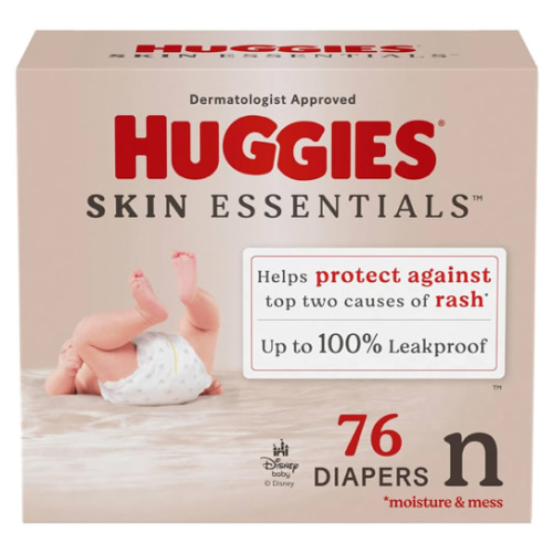 Huggies Size Newborn Diapers, Skin Essentials Baby Diapers, Size Newborn (6-9 lbs), 76 Count, Packaging May Vary
