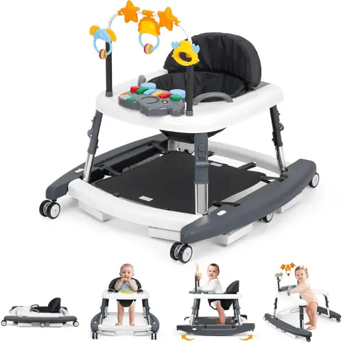 5-in-1 Music and Lights Baby Walker Foldable with 5 Adjustable Heights, Baby Walker with Wheels and Bouncer Combo Portable, Infant Toddler Walker for Baby Boy Girls 6-18 Months