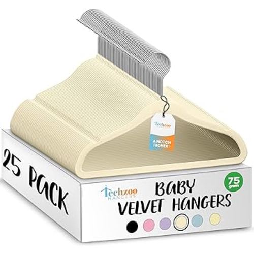 25 Premium Baby Velvet Hangers - 11.8 Inches Non-Slip & Ultra-Slim Baby Hangers for Space-Saving & Children Clothes - 360 Swivel Hook, Strong & Durable Infant & Toddler Clothes Hanger - Beige