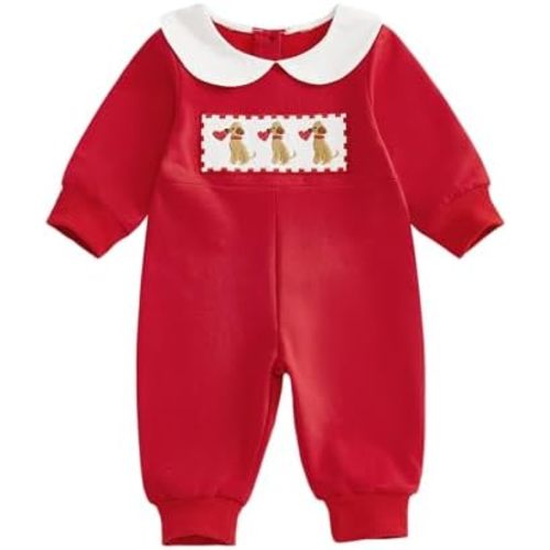 Newborn Baby Boy Girl Valentines Day Outfit Heart Dog Long Sleeve Romper Doll Collar Jumpsuit One Piece Clothes