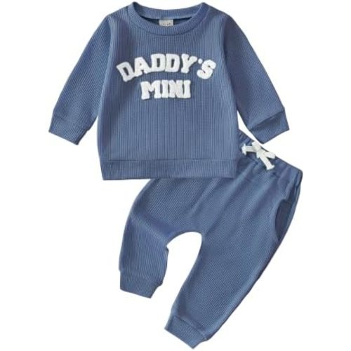 Toddler Baby Girl Boy Clothes Daddy's Mini Waffle Long Sleeve Sweatshirt Tops Pants Set Infant Fall Winter Outfit Sets