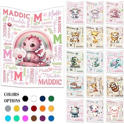 Cute Dragon Custom Baby Blanket - Personalized Floral Dragon Gifts with Name - Watercolor Rainbow Flower Dragon Animals Flannel Throws Sheet Decor for Boys Girls Toddler Newborn Crib Nap - 30"X 40"