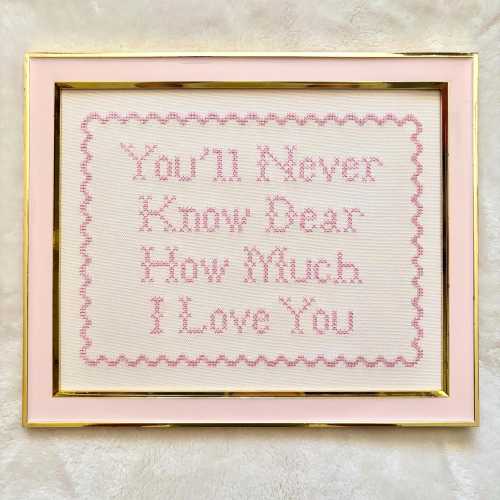 You'll Never Know Dear Sign, Vintage Nursery Wall Art, Pink Embroidered Nursery Decor, Heirloom Baby Girl Room Decor, Cross Stitch Quote