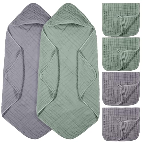 VitalCozy 6 Pcs Baby Muslin Hooded Bath Towels and Washcloths, Muslin Hooded Baby Towels Absorbent Blankets for Gift Newborn Infant Shower (Green,Gray,32 x 32 Inch)