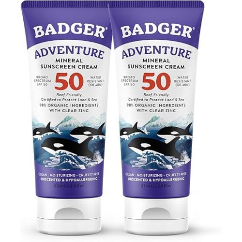 Badger Biodegradable Reef Safe Sunscreen, SPF 50 Unscented Zinc Oxide Sunscreen, 98% Organic Ingredients, Water Resistant Adventure Sport Sunblock, 2.9 fl oz, 2-Pack