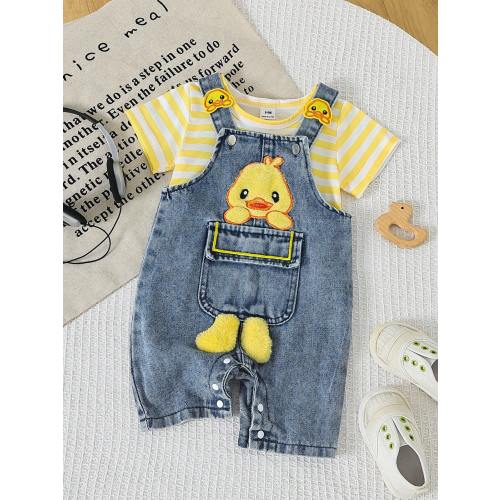 SHEIN 2pcs/Set Baby Boys Round Neck Yellow & White Striped Short Sleeve T-Shirt + Washed Blue Denim Casual Outfit,Cute Summer Outfit For Summer Outings