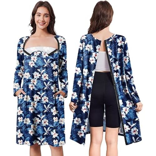 Deyeek Open Back Hospital Gowns for Women Post Shoulder Surgery Tear Away Snap Chemo Port Adaptive Clothing with Pockets