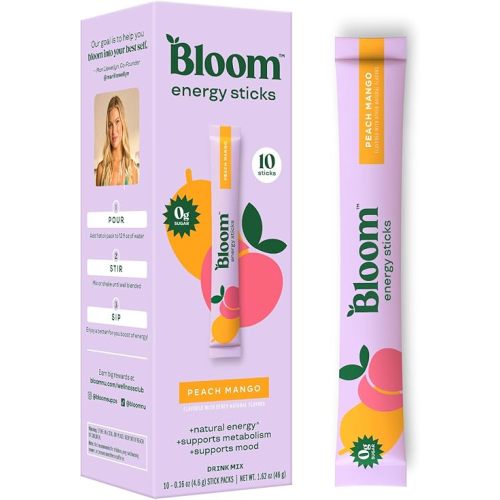 Bloom Nutrition Energy Drink Powder Packets, Sugar Free Energy Drink Mix with L-Theanine, B Vitamins & Natural Caffeine, On the Go Powder Sticks for Natural Energy, 10 Calories (10 Pouches (Pack of 1), Peach Mango)