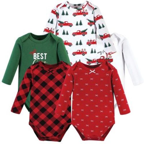 Hudson Baby Basics Infant Girls Cozy Long Sleeve Bodysuits 5-Pack, Festive Joy, 0-3 Months