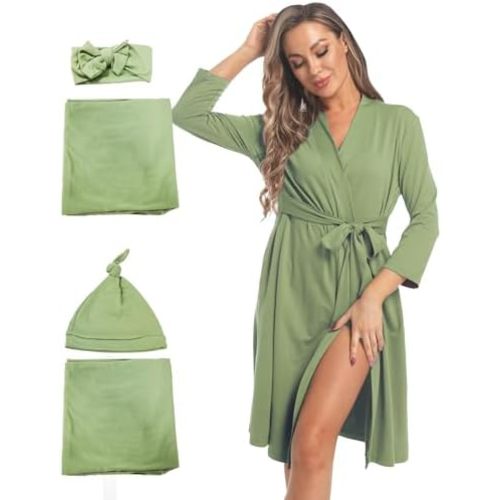 Maternity Robe with Matching Swaddle Set, Mommy Me Set Soft Women Maternity Sleepwear Bathroom Long Sleeves Robe