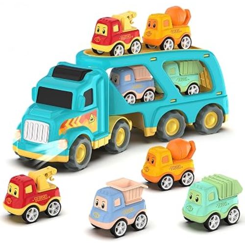 Veslier Toy Trucks for 2 3 4 5Years Old,Construction Transpor Trucks for Toddlers 2-4 Years with 4 Pull Back Cars for Toddlers 2-4,Christmas Birthday Gift for 18M+ 2 3 4 5 Years Old Kids Boys Girls.