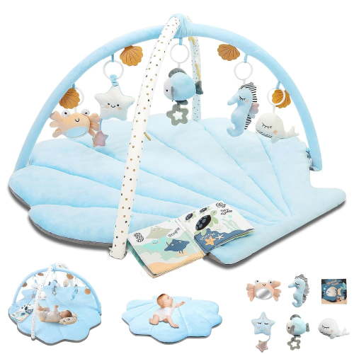 Baby Play Gym Mat, Oversize Tummy Time Activity Mat for Babies 0-6 Months, Shells Baby Play Mat with 6 Detachable Toys, Baby Essentials Mat for Floor Sensory Exploration Motor Skill Development (Blue